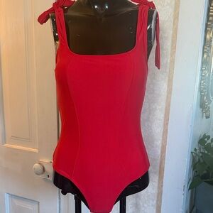 NWT AI’MAGE Cherry Red One Piece Swimsuit Tie Straps Removable Bra Pads Small